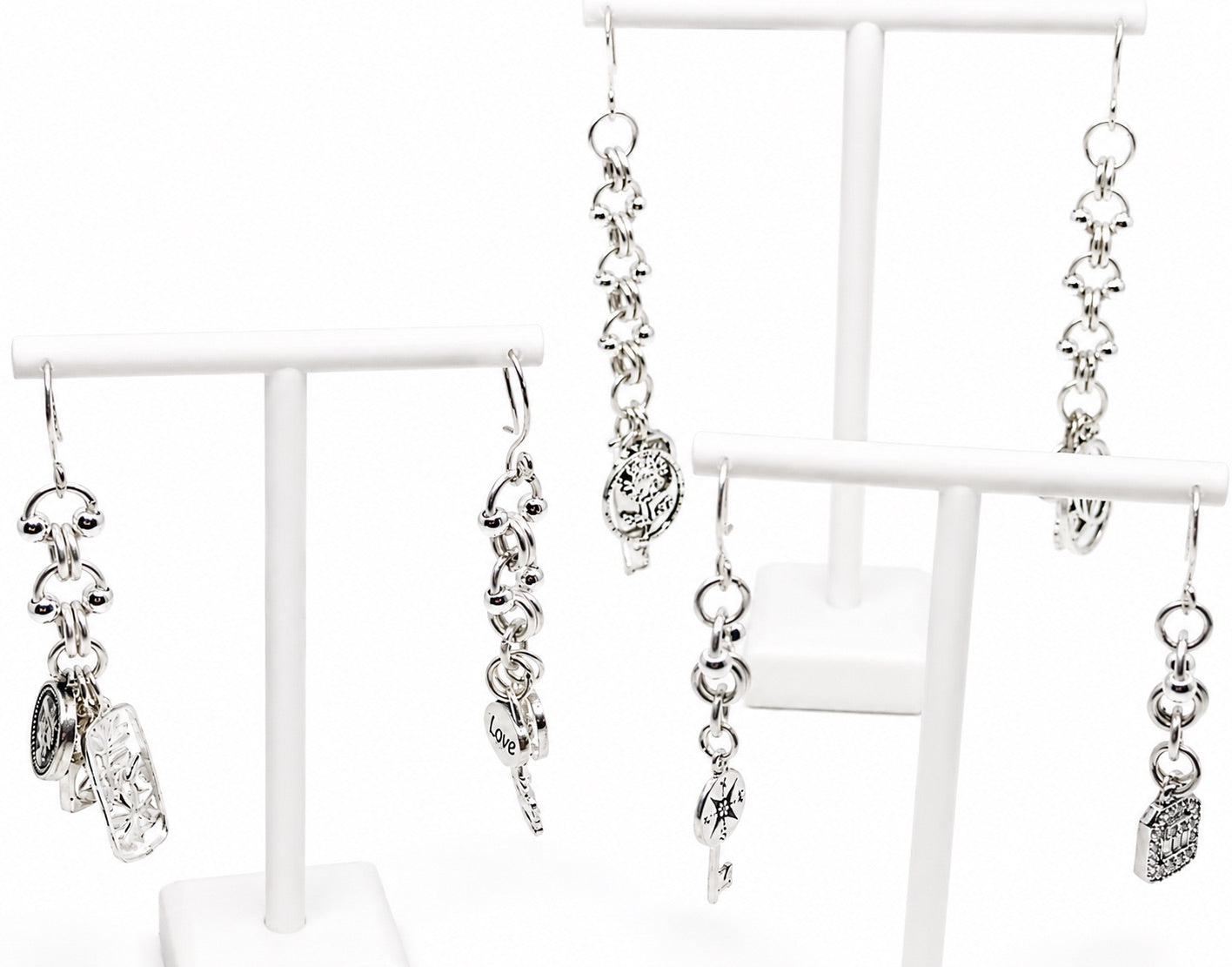 Contemporary Sterling Silver Artisan Drop Earrings with Charms