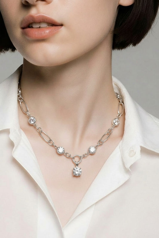 Handmade Sterling Silver Paperclip Choker Necklace with Lab Grown Diamond Pendant