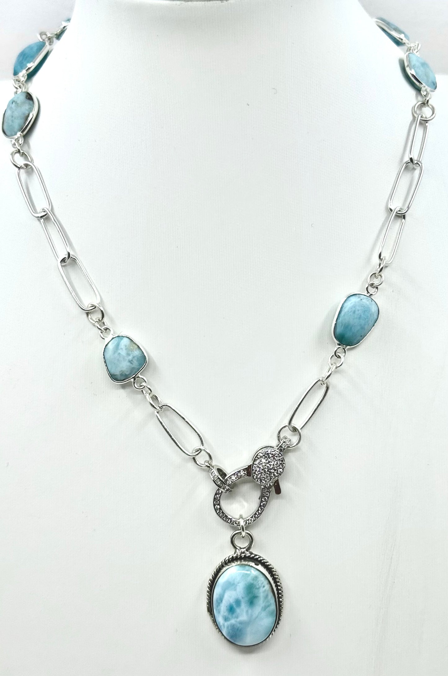 Sterling Silver Paperclip and Larimar gemstone necklance with Larimar Pendant