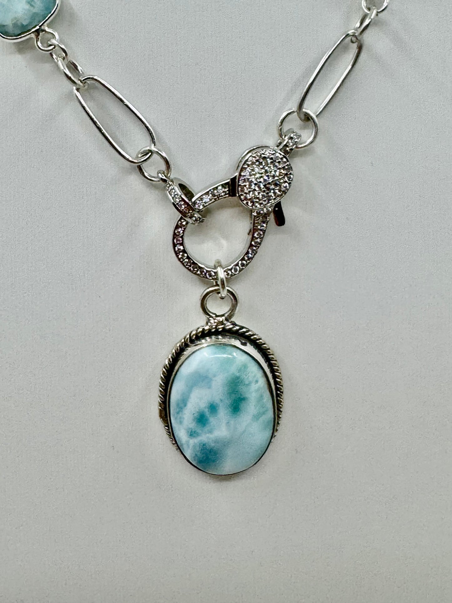 Sterling Silver Paperclip and Larimar gemstone necklance with Larimar Pendant