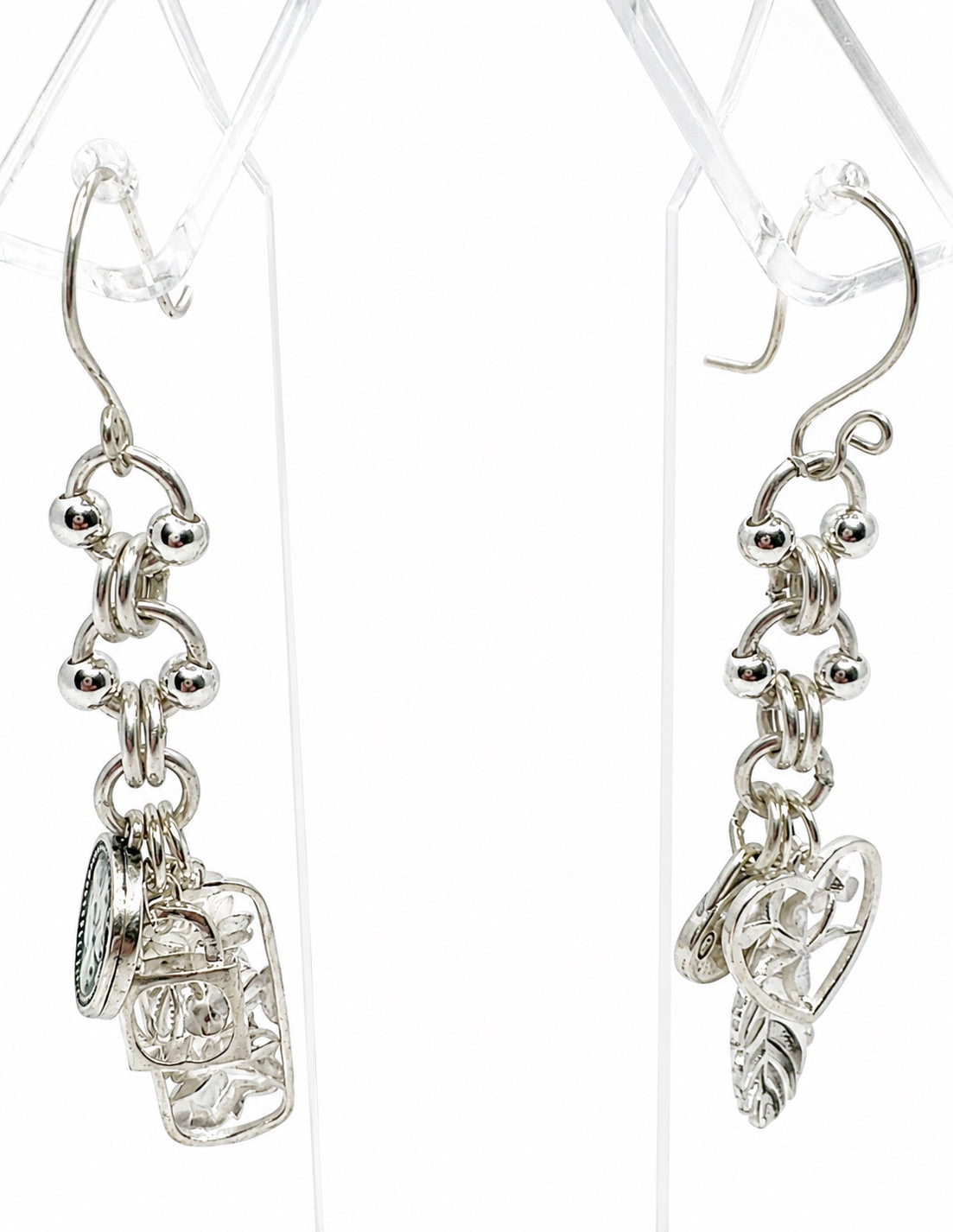 Contemporary Sterling Silver Artisan Drop Earrings with Charms