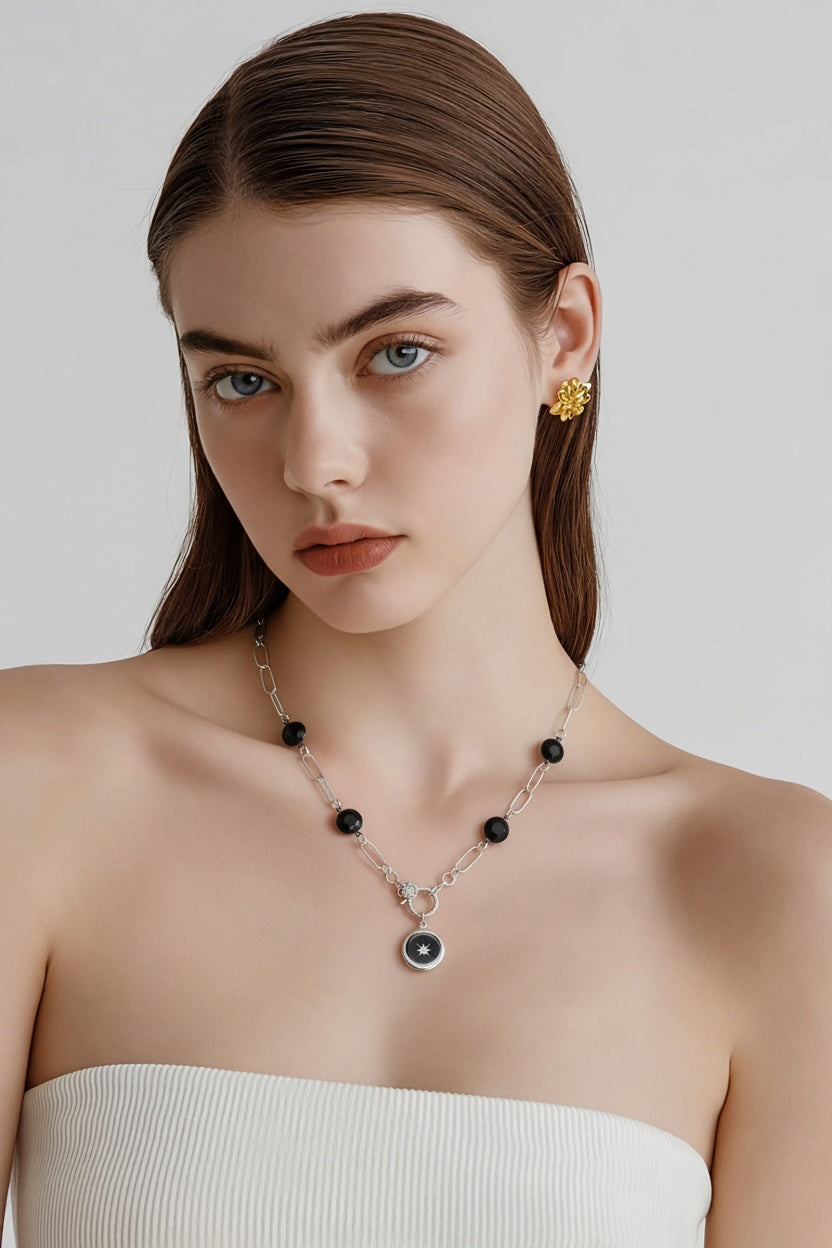 Handmade Sterling Silver Paperclip Shoker Necklace with Black Onyx Gemstones & Silver Locket