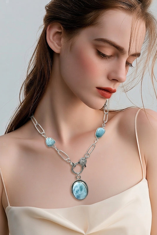 Sterling Silver Paperclip and Larimar gemstone necklance with Larimar Pendant
