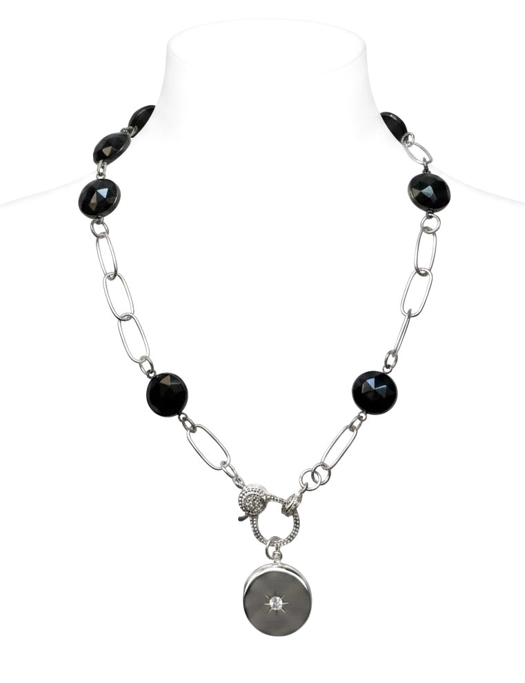 Handmade Sterling Silver Paperclip Shoker Necklace with Black Onyx Gemstones & Silver Locket